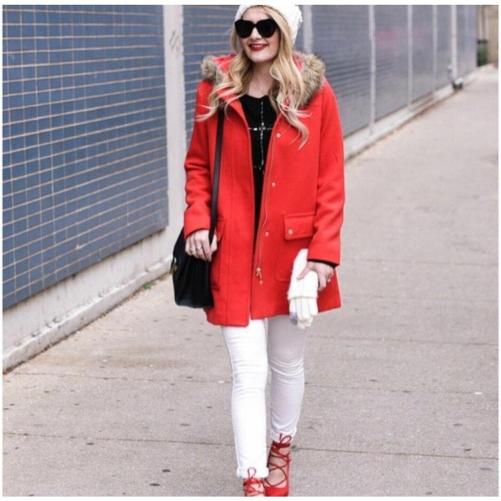 J. Crew Red Chateau Parka With Faux Fur Hood Womens Size 0 Winter Coat Jacket - Picture 2 of 13